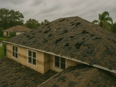 Wind-damaged roof shingles